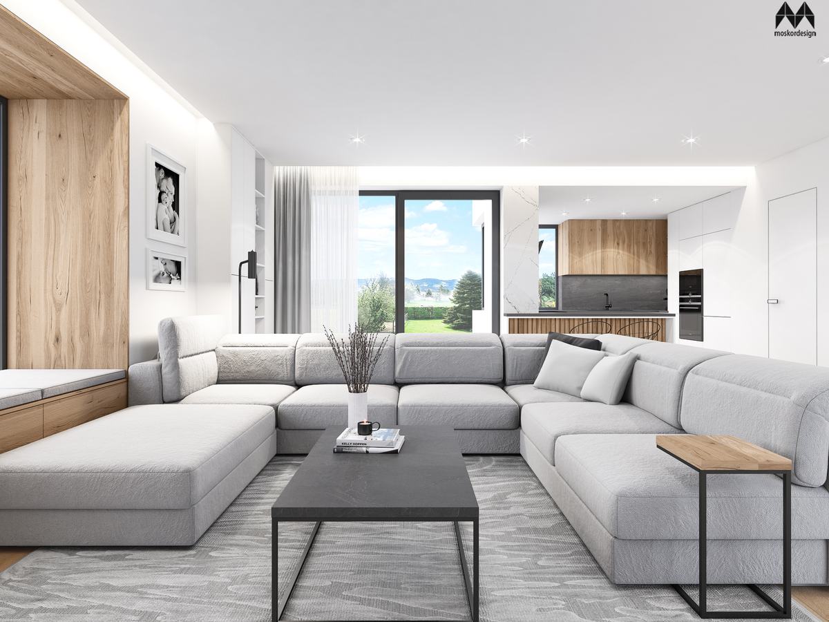 Obývací pokoj rodinného domu ve Štěpánově (vizualizace Moskor Design)