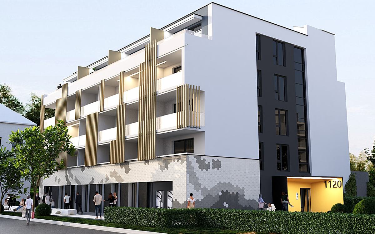Bytový dům Varšavské náměstí – hlavní vstup do domu (vizualizace ABA Projekt)