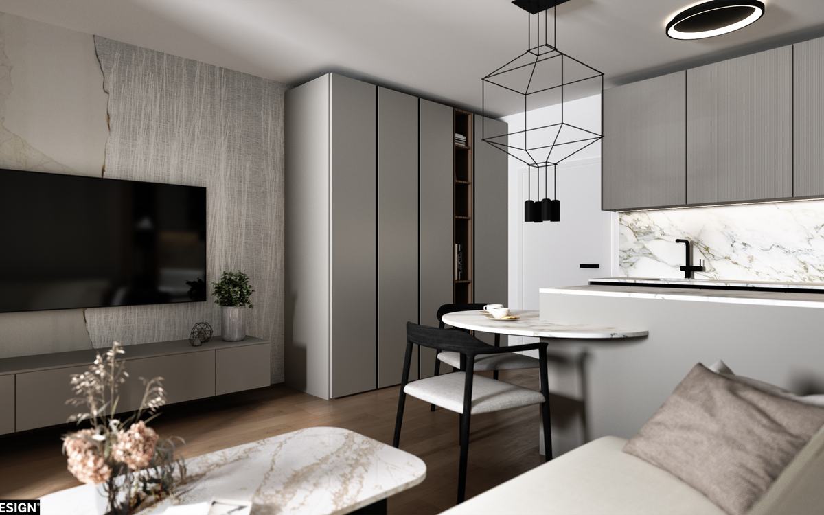 Obývací pokoj s kuchyní (vizualizace Pearl Design)