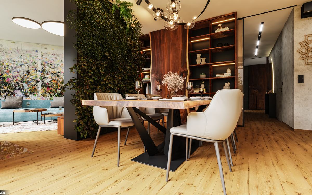 Jídelna se zelenou stěnou a masivním stolem (vizualizace Pearl Design)