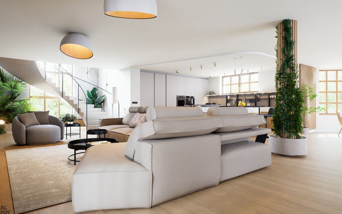 Obytné přízemí se schodištěm (vizualizace Pearl Design)
