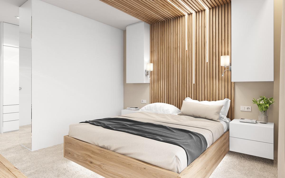 Ložnice s lamelovou stěnou a světelnými liniemi (vizualizace Moskor Design)
